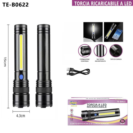 TORCIA RICARICABILE LED LATERALE COB USB POTENTE BATTERIA PORTATILE TE-B0622
