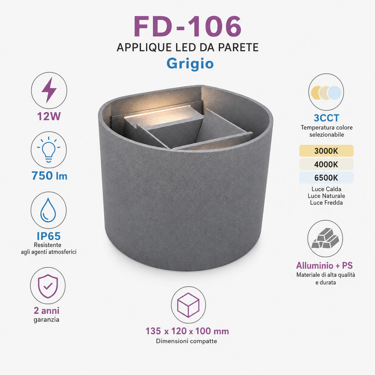 APPLIQUE LED 12W GRIGIA IP65 LAMPADA PARETE ESTERNO 3000K 4000K 6000K ET-31686