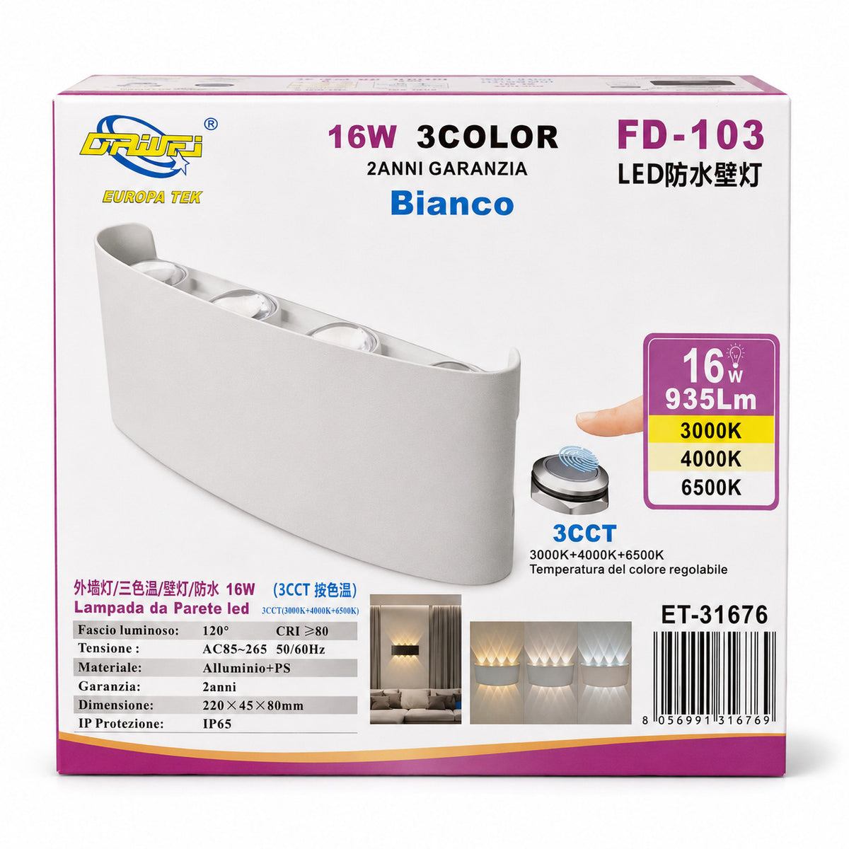 APPLIQUE LED 16W BIANCA IP65 LAMPADA PARETE ESTERNO 3000K 4000K 6000K ET-31676