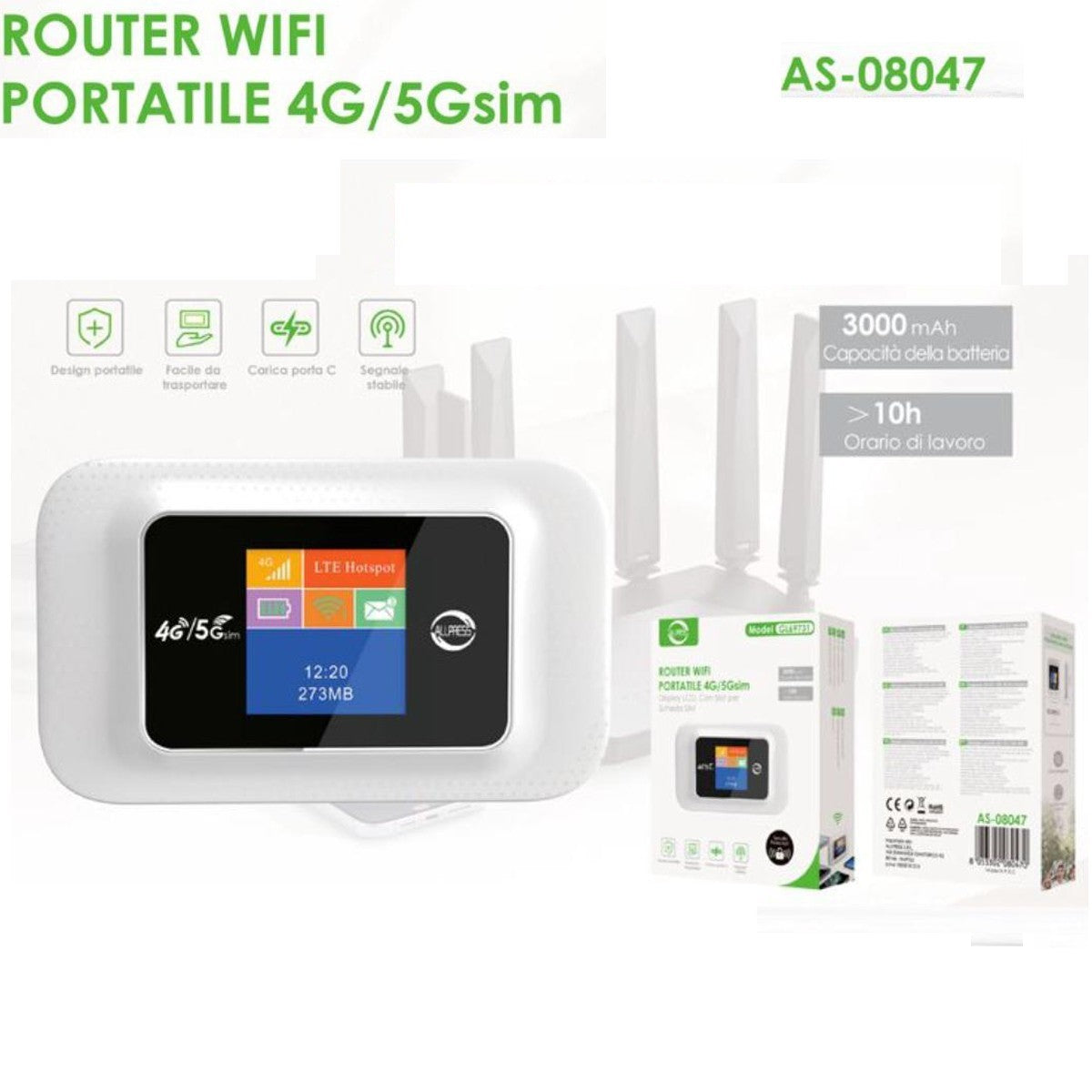 ROUTER WIFI PORTATILE 4G 5G SIM DISPLAY LCD BATTERIA 3000MAH USB C HOTSPOT