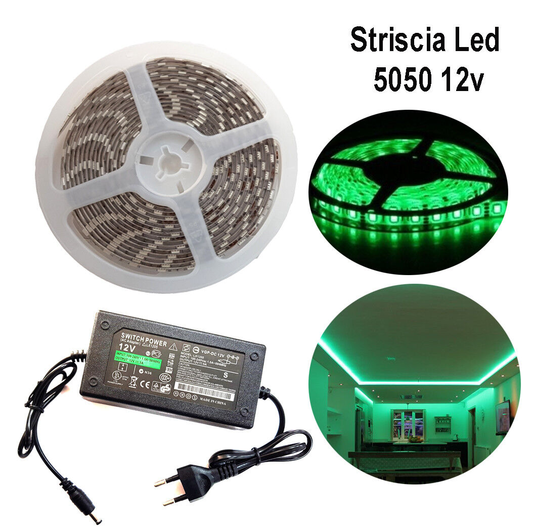 STRISCIA STRIP LED 5050 5M ADESIVA LUCE IP65 ALIMENTATORE 12V 5A VERDE 12W/M