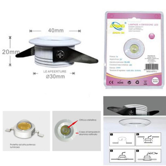 MINI FARETTO LED 1W SOFFITTO TONDO INCASSO MOLLA 4CM LED BIANCO CALDO 3000K