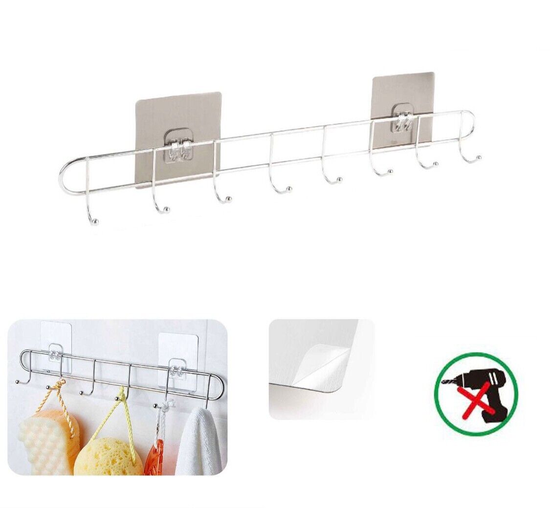 PORTA ASCIUGAMANI CON 8 GANCI BAGNO PARETE SALVIETTE GANCIO CASA ADESIVO 03503