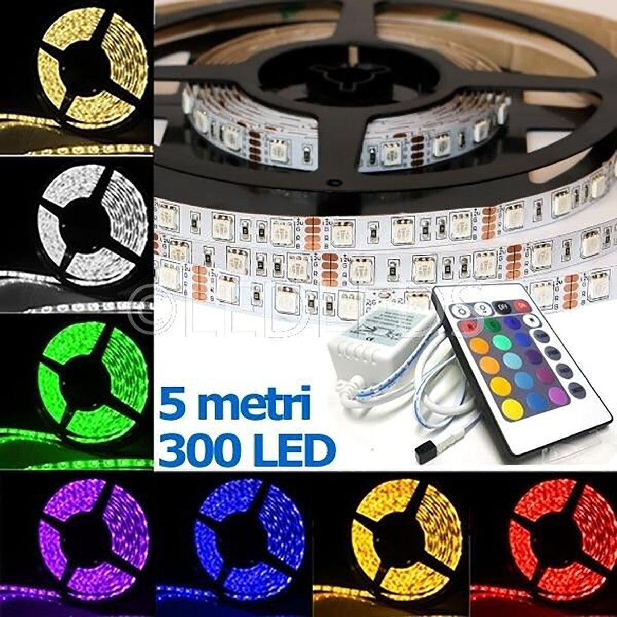 STRISCIA A LED SMD 5050 RGB IP65 5 METRI BOBINA CON ALIMENTATORE E TELECOMANDO
