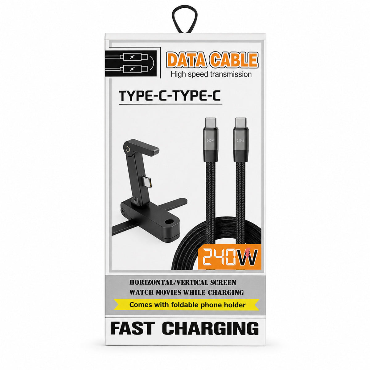 CÂBLE TYPE-C VERS TYPE-C 240W CHARGE RAPIDE SUPPORT SMARTPHONE PLIANT NOIR DONNÉES