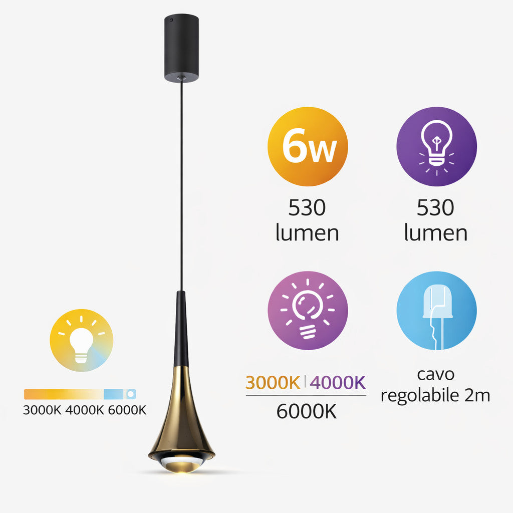 LAMPADA SOSPENSIONE LED 6W REGOLABILE 3 COLORI 3000K 4000K 6000K 530LM LP012
