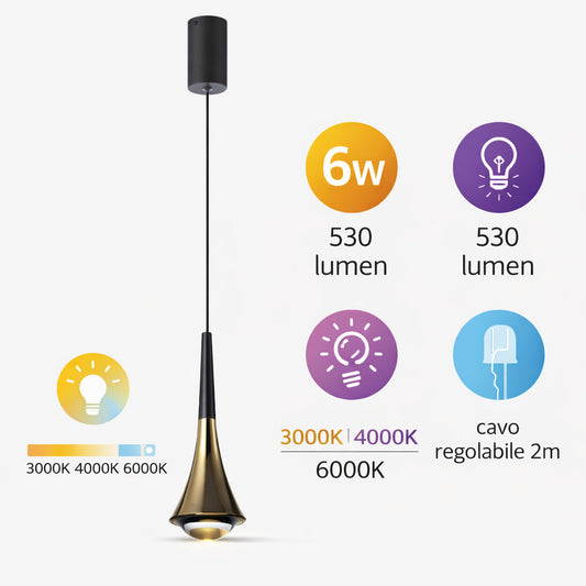 SUSPENSION LED 6W RÉGLABLE 3 COULEURS 3000K 4000K 6000K 530LM LP012