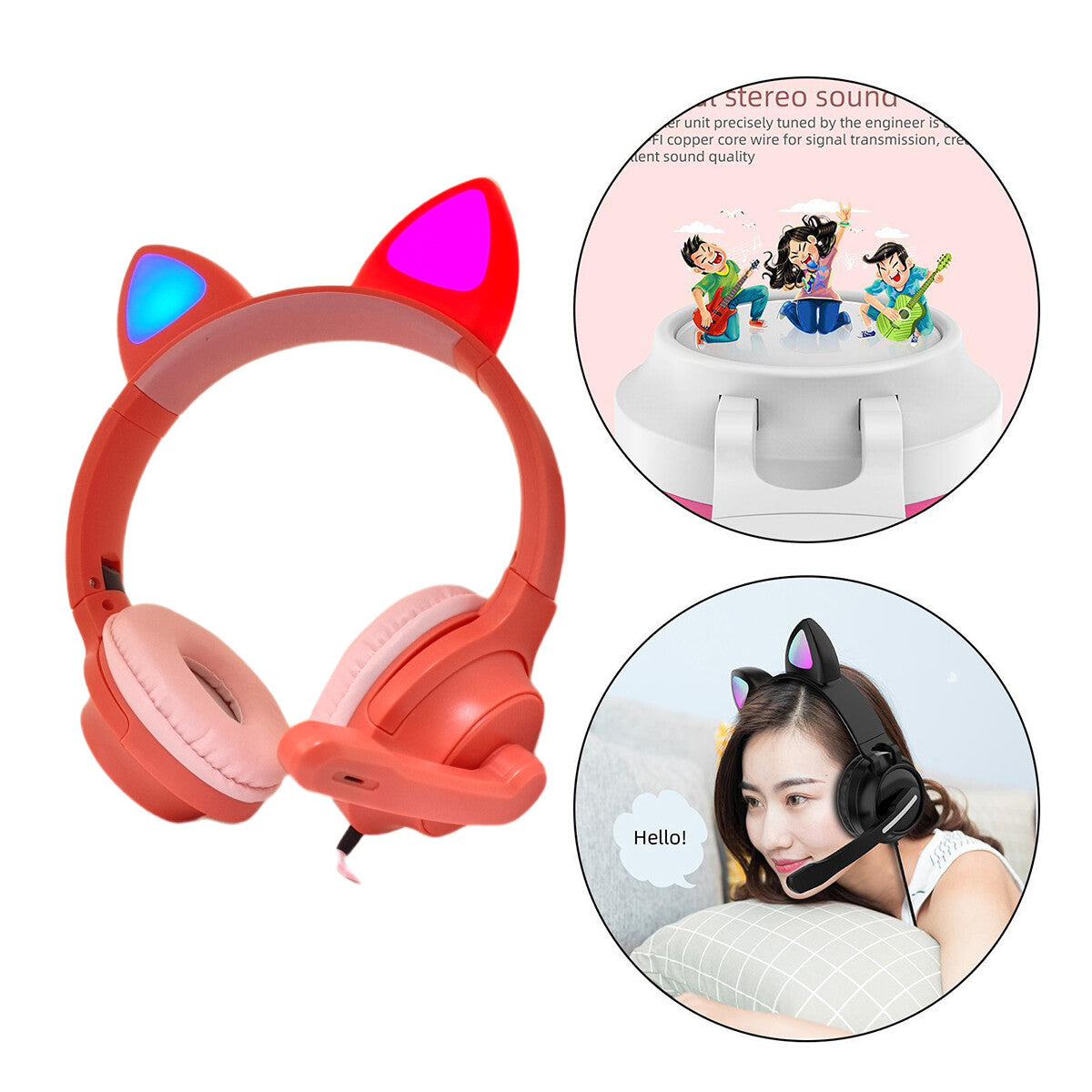 CUFFIE GIOCO AURICOLARE ILLUMINAZIONE LUCE LED RGB ORECCHIE GATTO MICROFONO J30