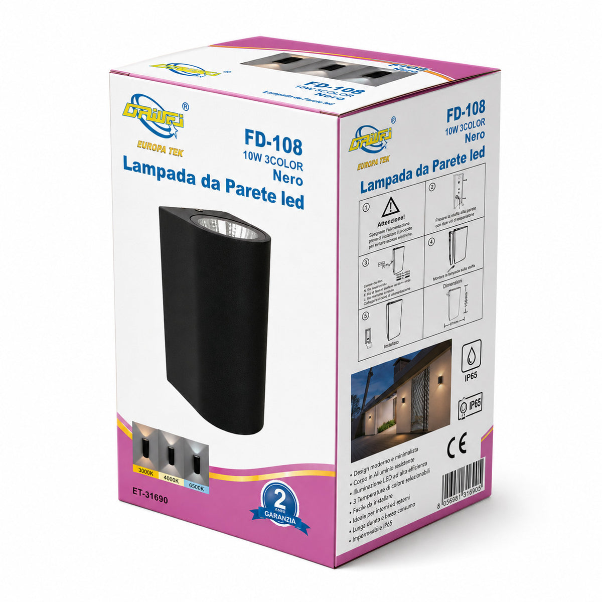 APPLIQUE LED 10W ESTERNO LAMPADA PARETE NERO IP65 3000K 4000K 6000K ET-31690
