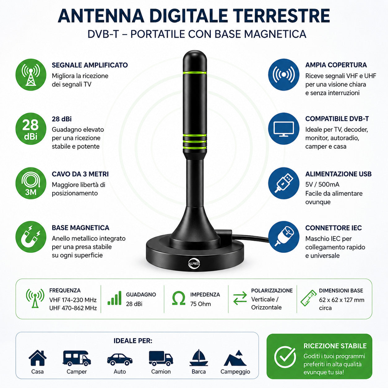ANTENNA DIGITALE TERRESTRE PORTATILE BASE MAGNETICA DVB-T 28DB AUTO CAMPER CASA TV TELEVISIONE