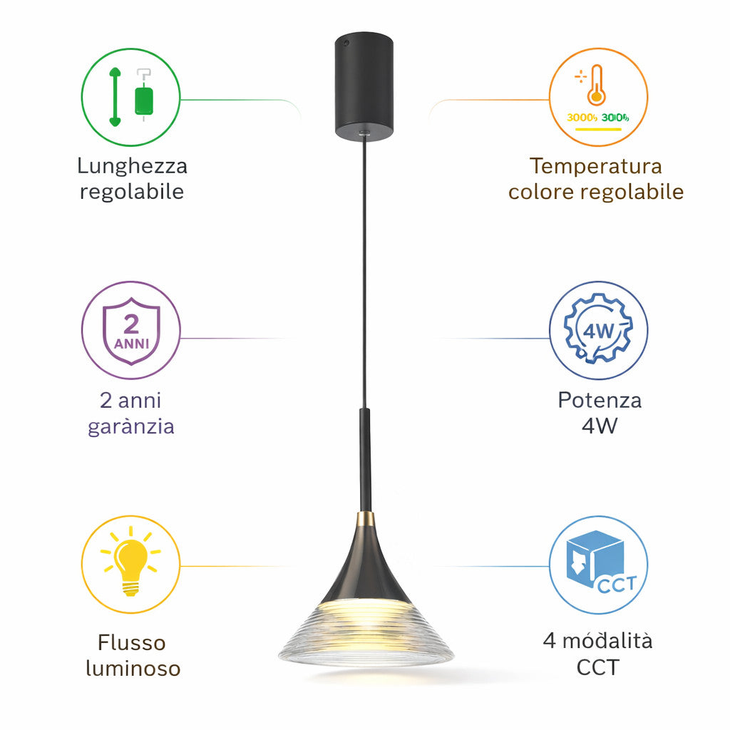 LAMPADA SOSPENSIONE LED 4W REGOLABILE 3 COLORI 3000K 4000K 6000K 400LM LP017