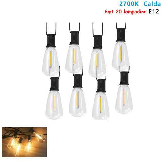 GUIRLANDE LUMINEUSE 6M AVEC 20 AMPOULES E12 EXTÉRIEURE LUMIÈRE CHAUDE 2700K