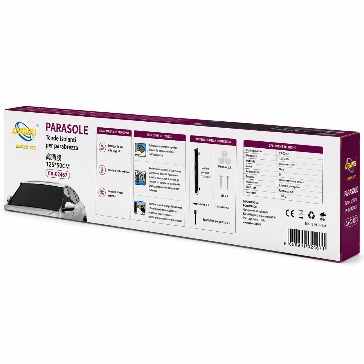 TENDINA PARASOLE AVVOLGIBILE PER AUTO 125x50CM PARABREZZA OSCURANTE CA-02467