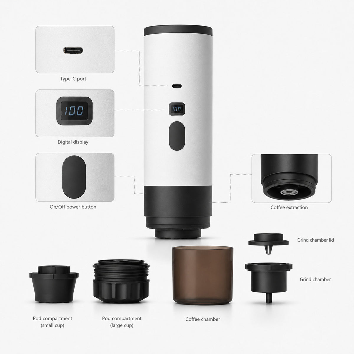 MACHINE À CAFÉ ESPRESSO PORTABLE AUTOMATIQUE RECHARGEABLE CAPSULES ET MOULU
