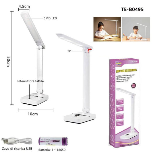 LAMPADA TOUCH RICARICABILE PIEGHEVOLE 180° LUCE LED SCRIVANIA E TAVOLO TE-B0495