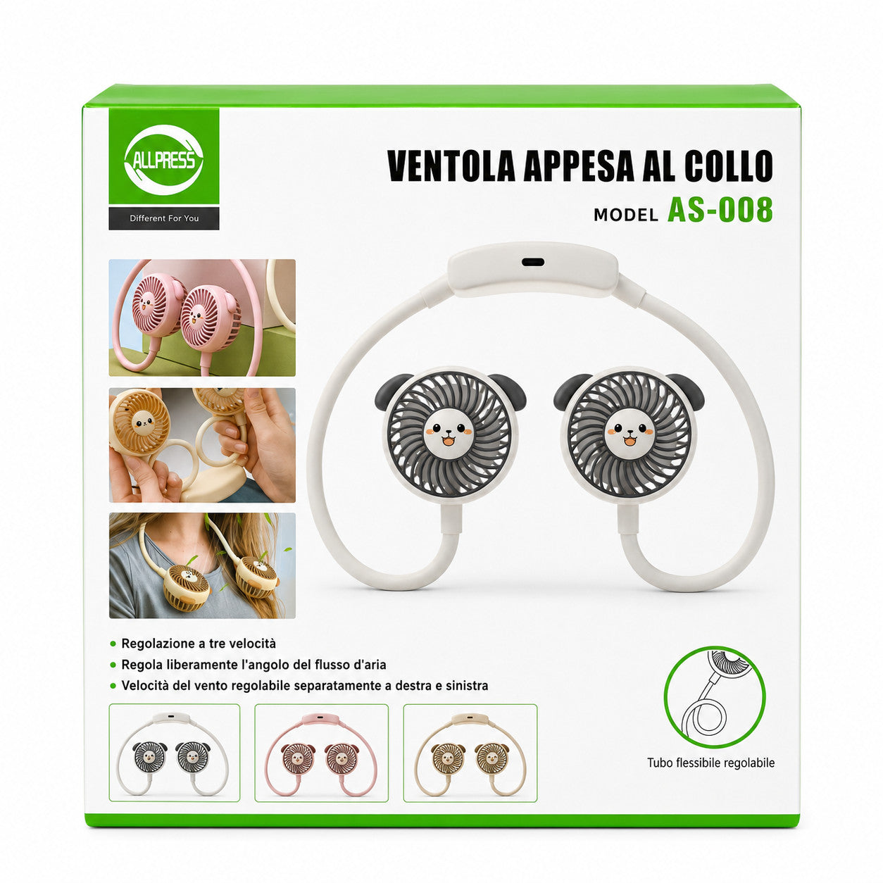 VENTILATORE COLLO PALE PORTATILE RICARICABILE SPORT 3 VELOCITÀ AS-07113