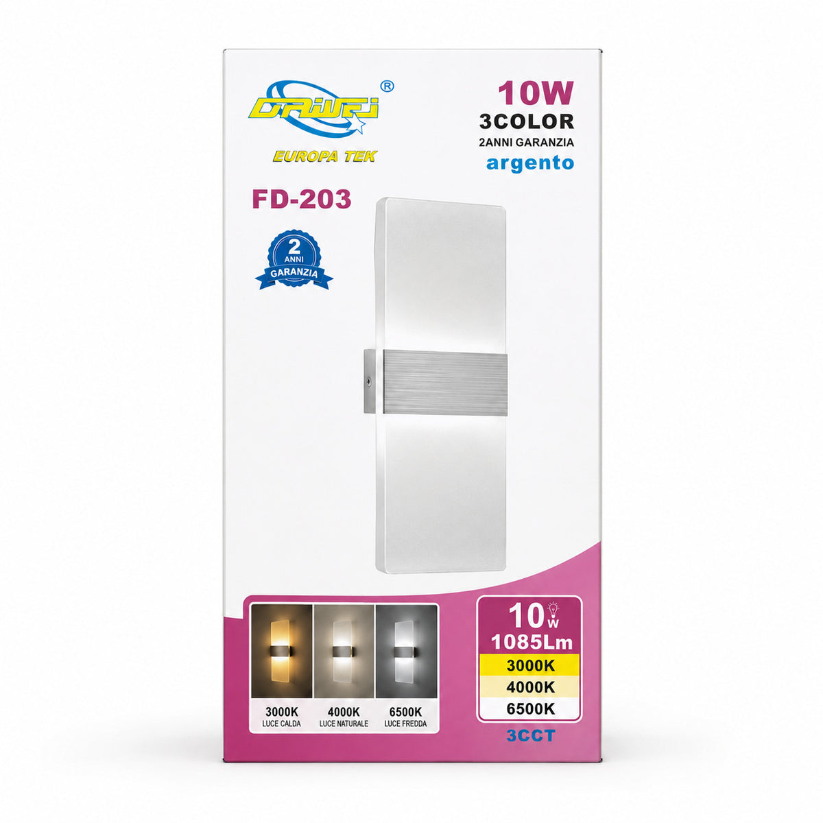 APPLIQUE LED 10W ESTERNO LAMPADA PARETE ARGENTO IP65 3000K 4000K 6000K ET-31701