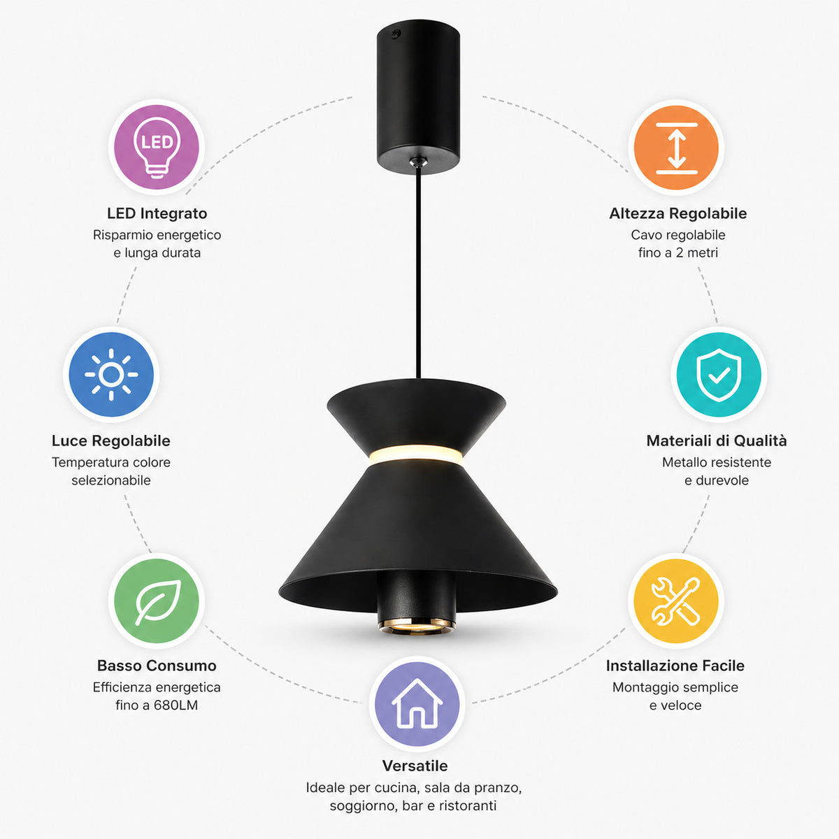 LAMPADARIO LED A SOSPENSIONE MODERNO NERO 10W DIMMERABILE CCT REGOLABILE LP018