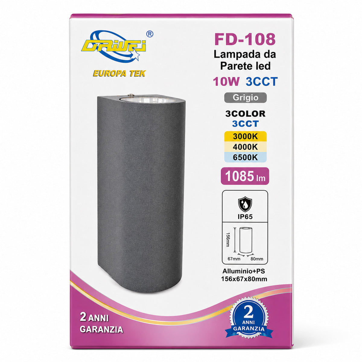APPLIQUE LED 10W ESTERNO LAMPADA PARETE GRIGIO IP65 3000K 4000K 6000K ET-31692