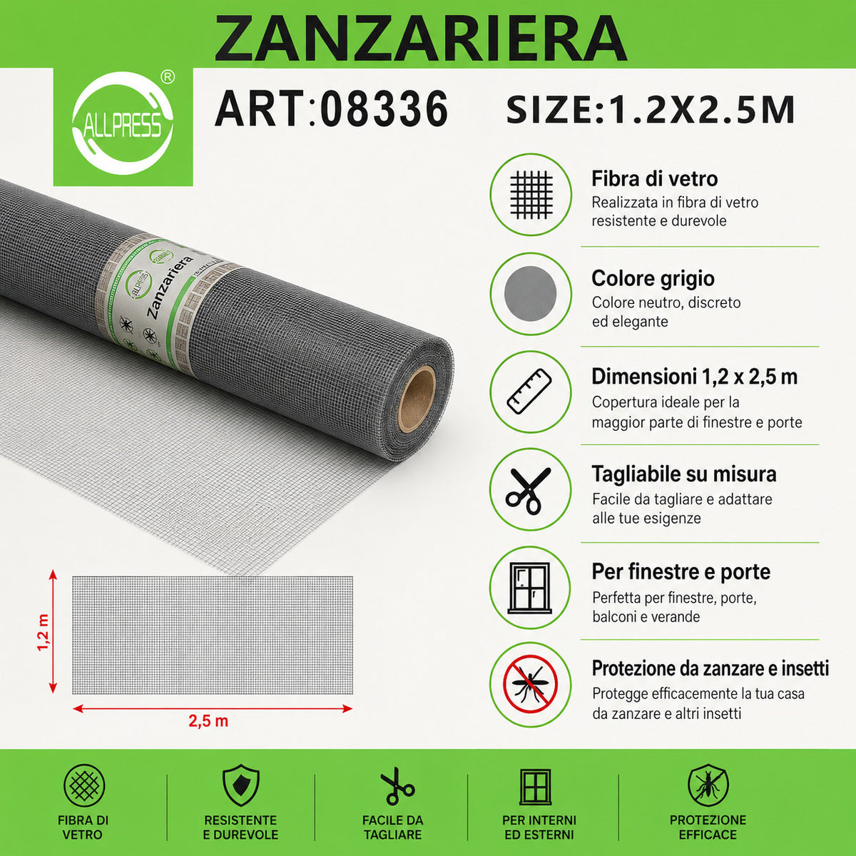 ROTOLO ZANZARIERA FIBRA VETRO GRIGIA RETE TAGLIABILE FINESTRA PORTA 1,2X2,5M