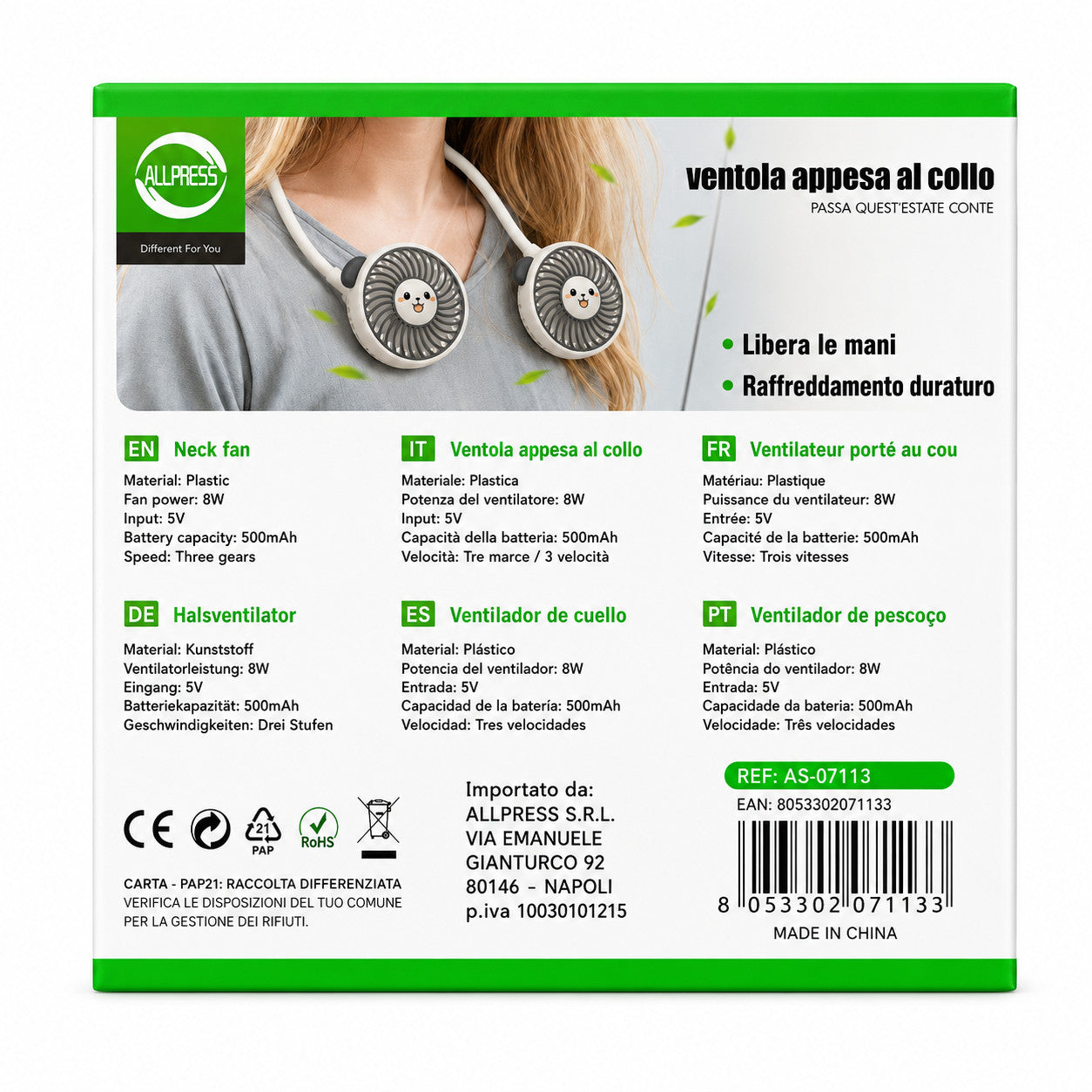 VENTILATORE COLLO PALE PORTATILE RICARICABILE SPORT 3 VELOCITÀ AS-07113