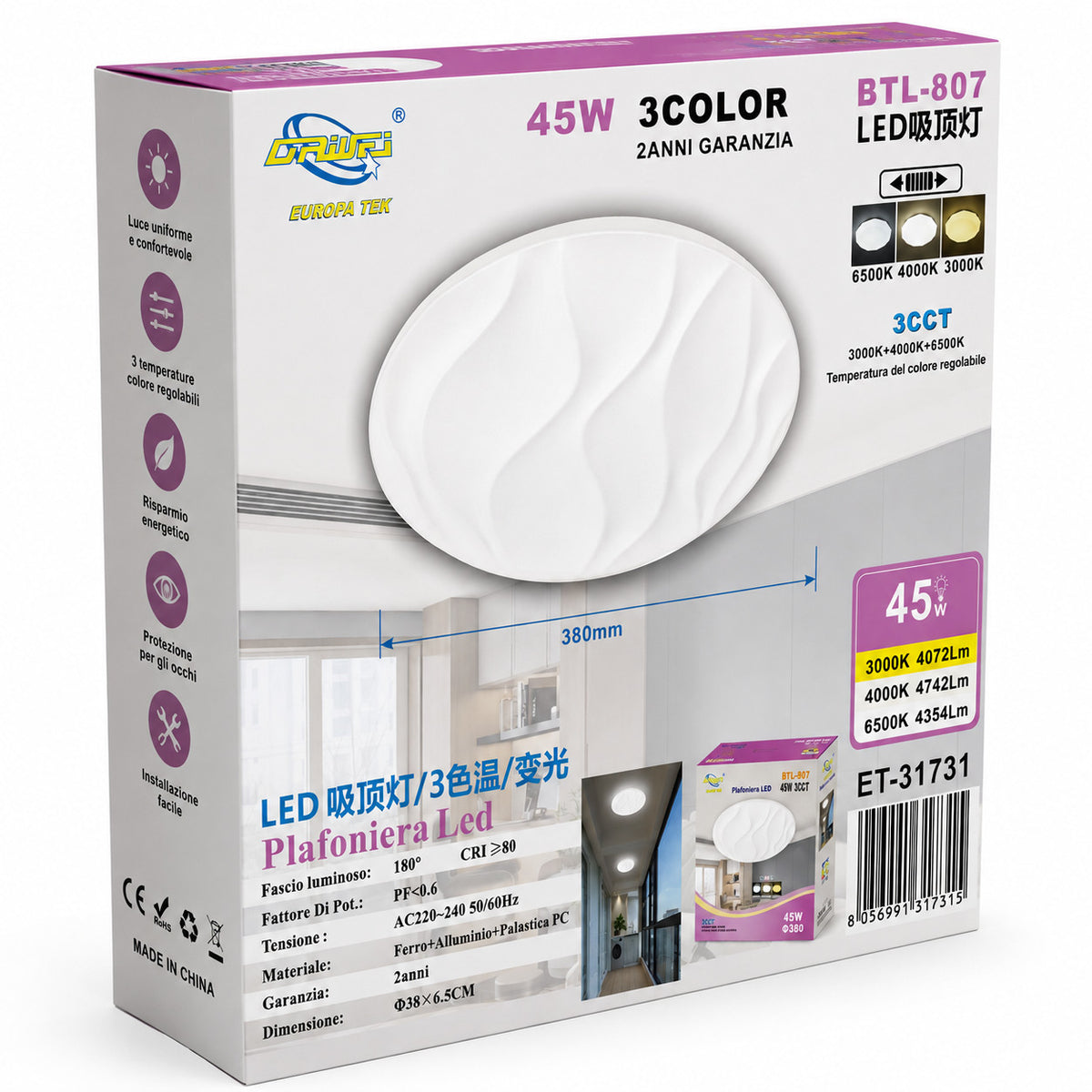 PLAFONIERA LED 45W 3CCT 38CM LAMPADA SOFFITTO LUCE 3000K 4000K 6500K ET-31731