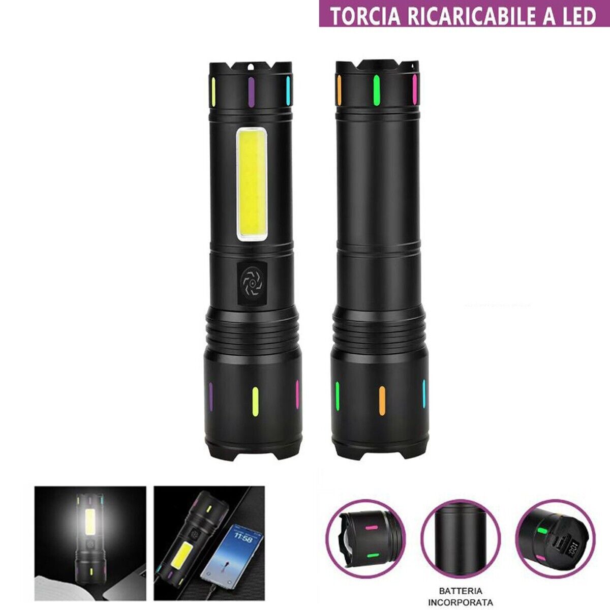 TORCIA RICARICABILE LED LATERALE COB USB POTENTE BATTERIA PORTATILE TE-B0624
