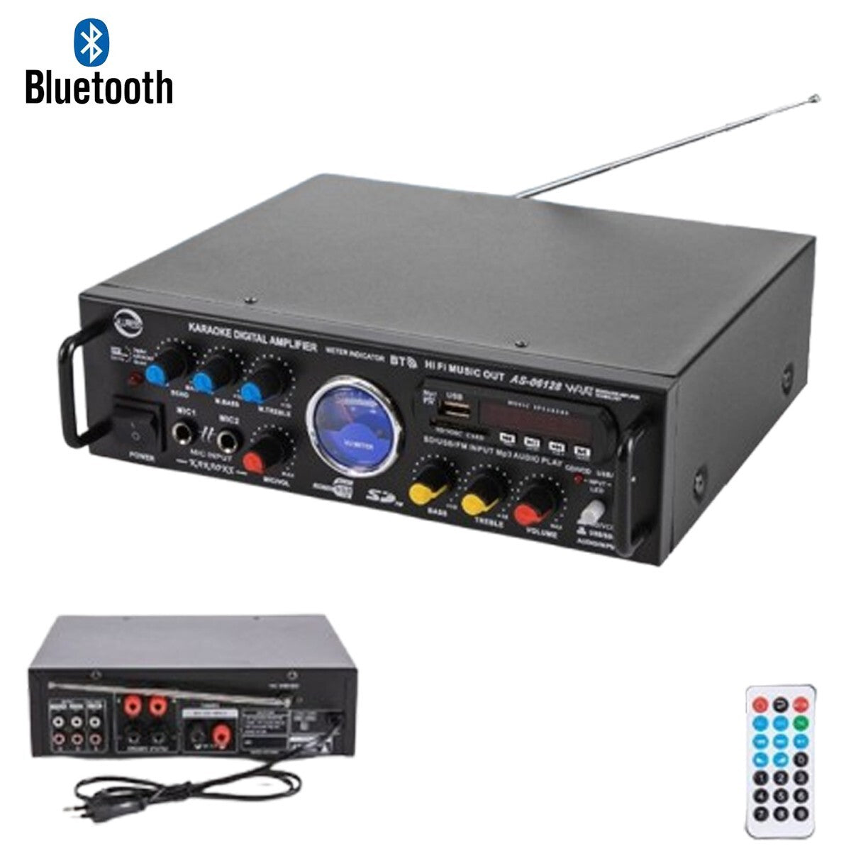 AMPLIFICATEUR AUDIO STÉRÉO 3 CANAUX MICROPHONE FM USB BLUETOOTH KARAOKÉ AS-06128