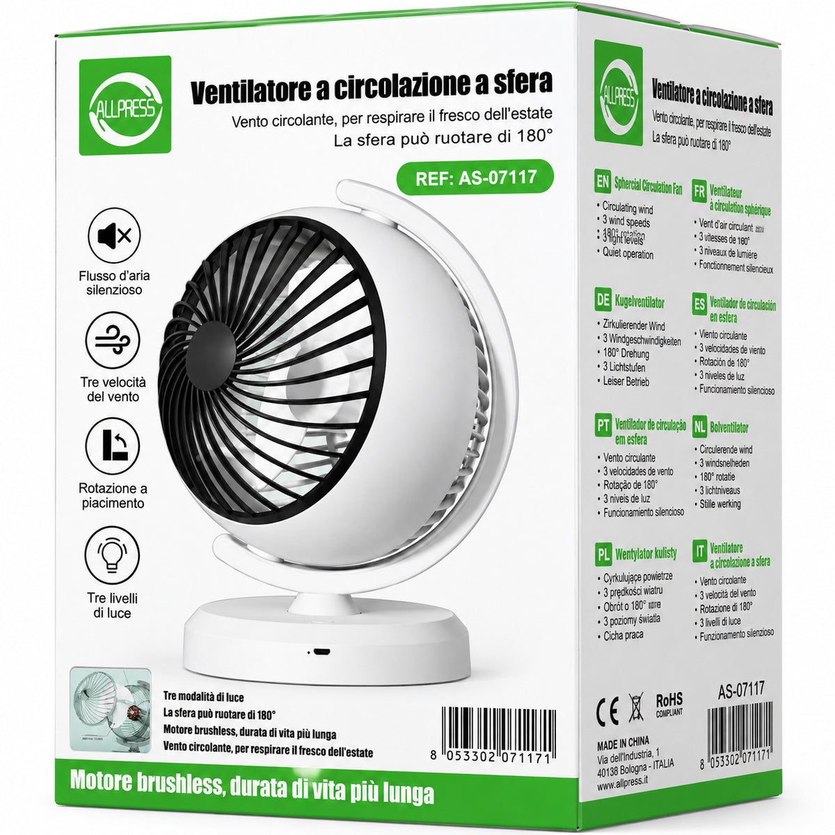 VENTILATORE DA TAVOLO A SFERA 3 VELOCITÀ LUCE LED ROTAZIONE 180° CAMERA AS-07117