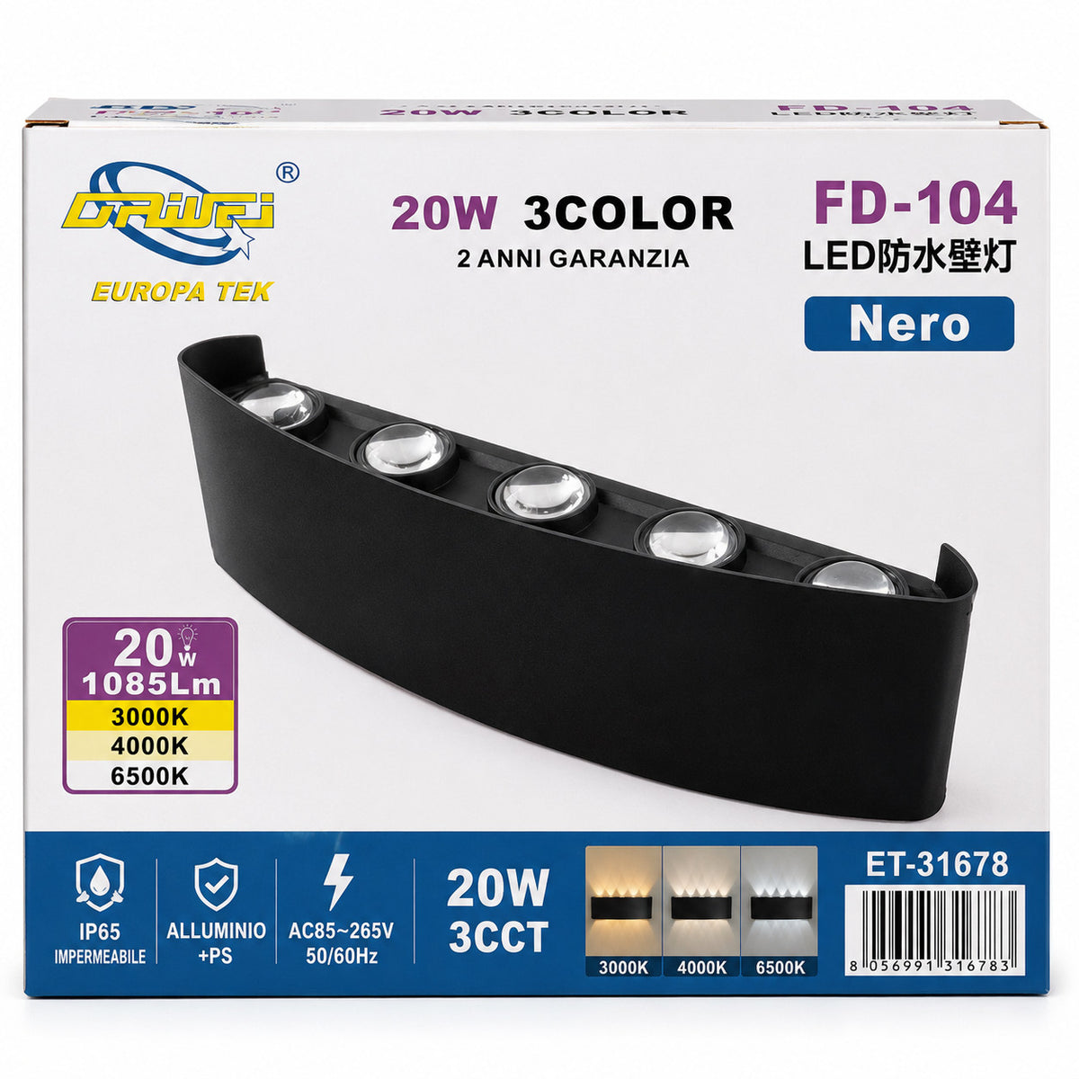 APPLIQUE LED 20W ESTERNO LAMPADA PARETE NERA IP65 3000K 4000K 6000K ET-31678
