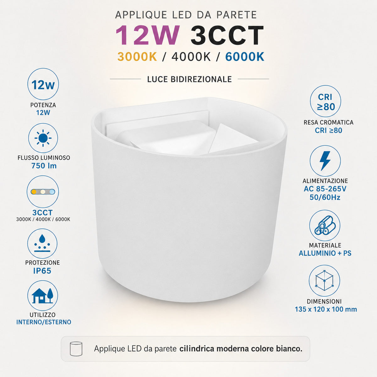 APPLIQUE LED 12W ESTERNO LAMPADA PARETE BIANCA IP65 3000K 4000K 6000K ET-31685