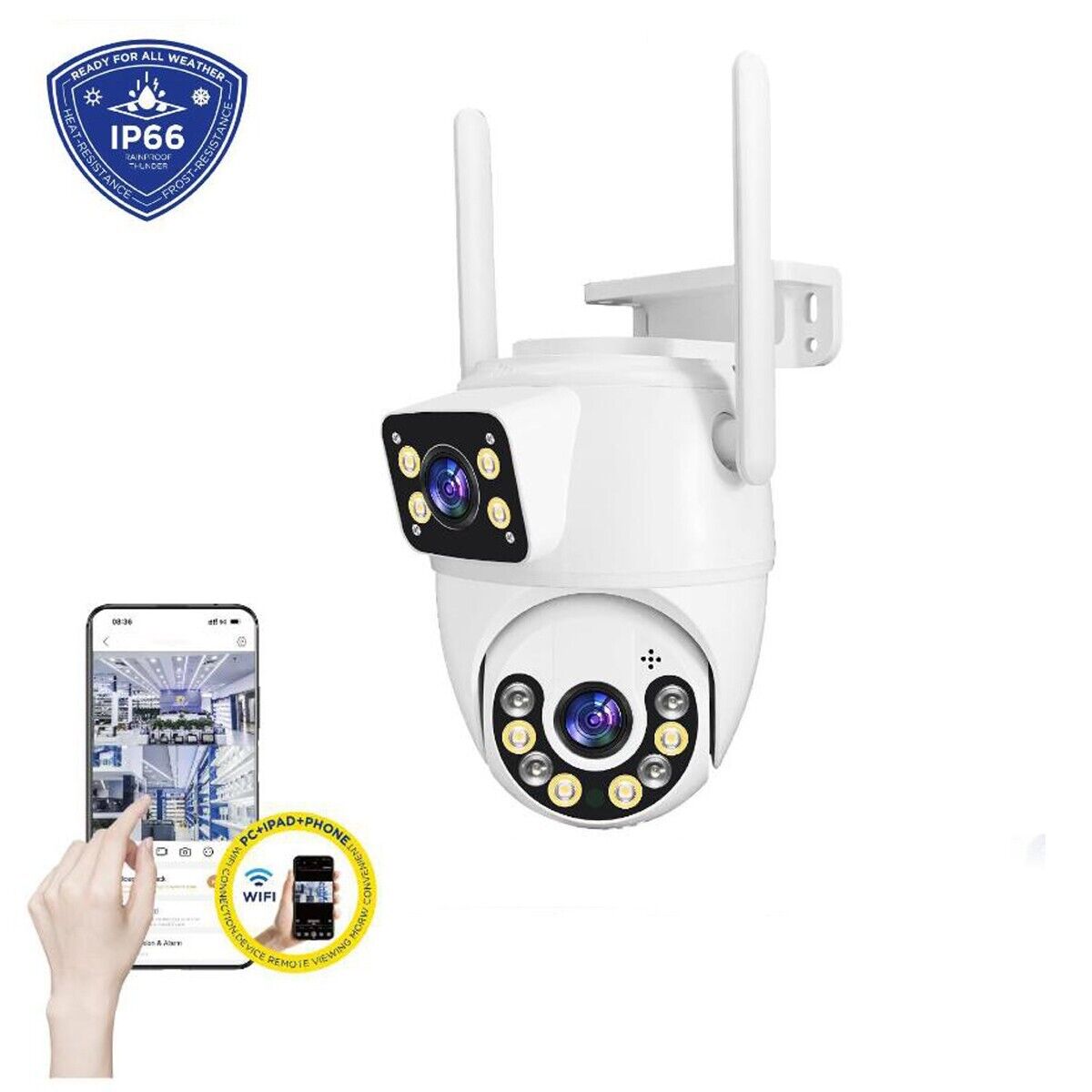 TELECAMERA VIDEOSORVEGLIANZA WIFI DOPPIA LENTE LED 3.6MM 2 ANTENNE JT-8697QJ