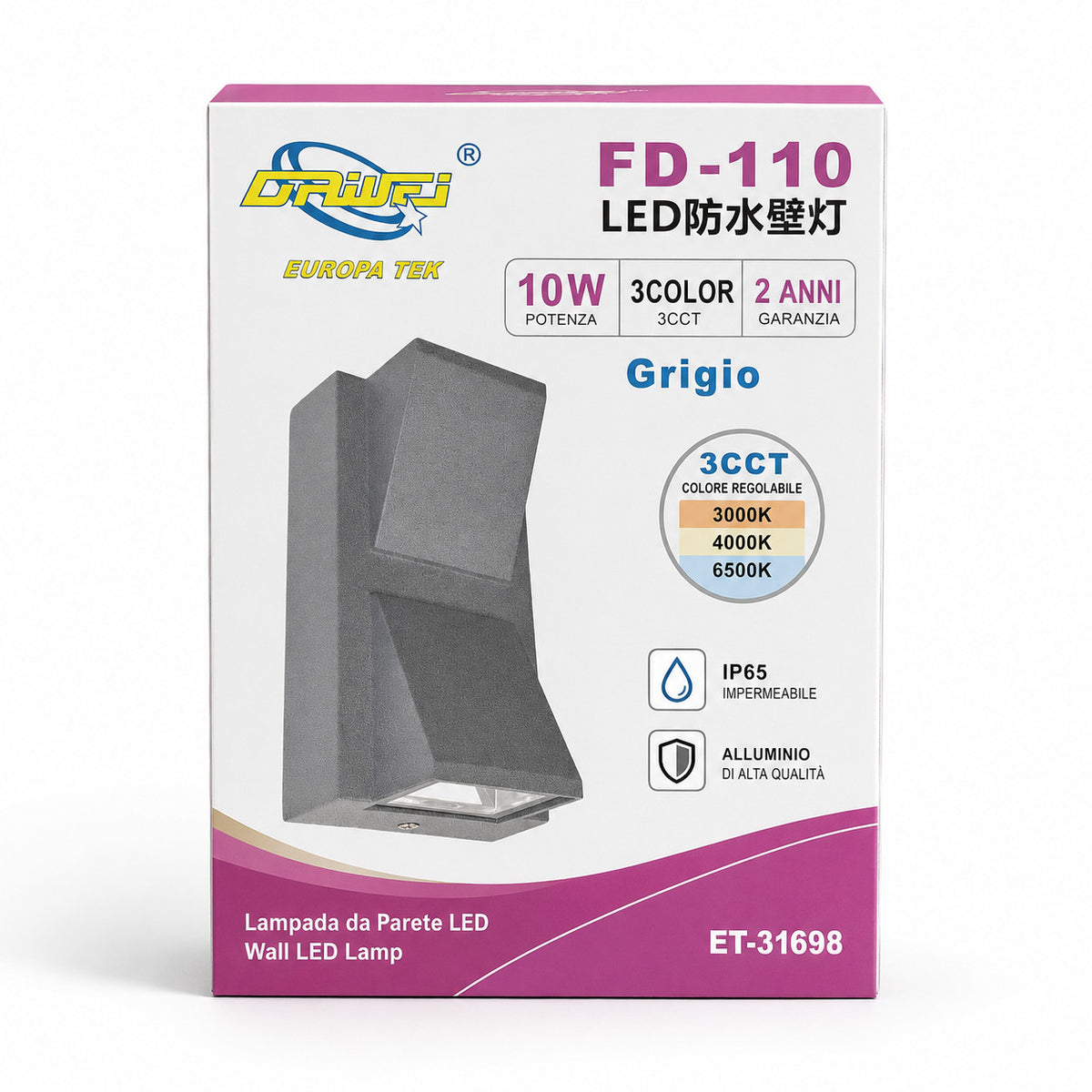 APPLIQUE LED 10W ESTERNO LAMPADA PARETE GRIGIA IP65 3000K 4000K 6000K ET-31698