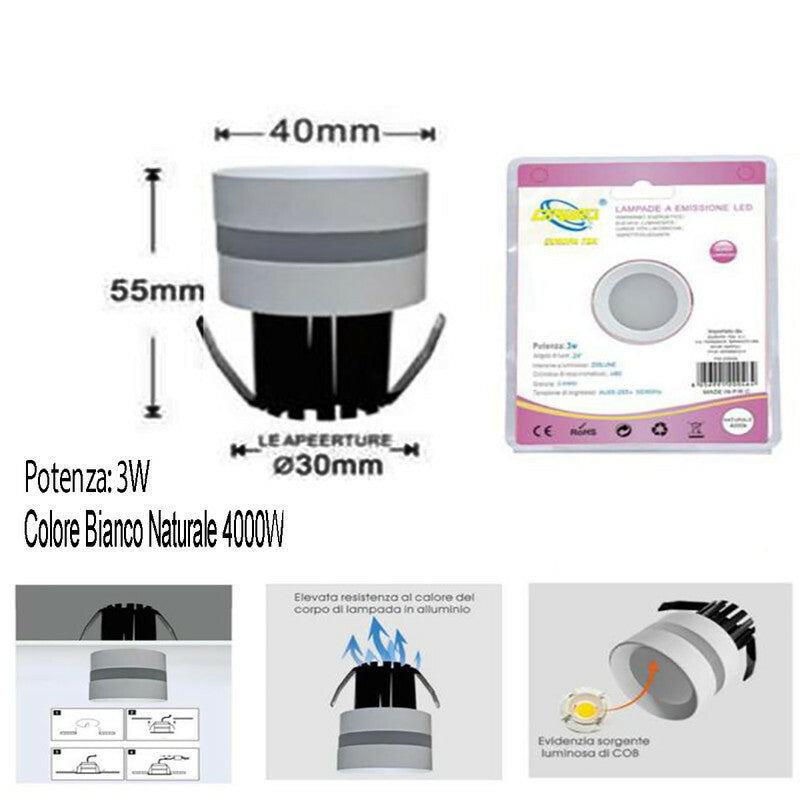 MINI SPOT LED 3W PLAFOND ROND ENCASTRABLE RESSORT 4CM LED BLANC NATUREL 4000K
