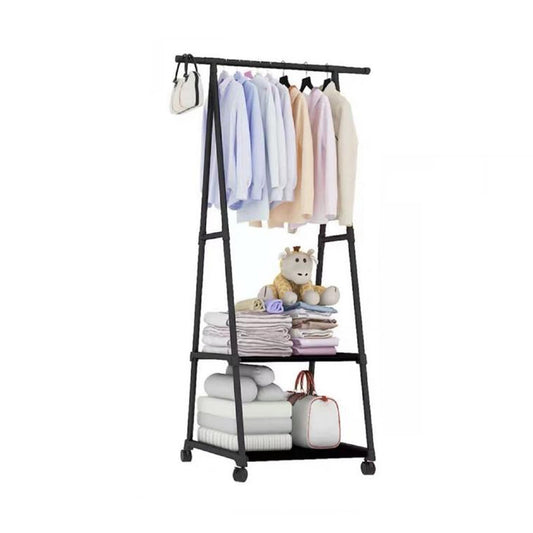 PORTE-MANTEAU TRIANGLE NOIR AVEC ÉTAGÈRES 3 NIVEAUX MAISON ROUES 55X42X160 CM