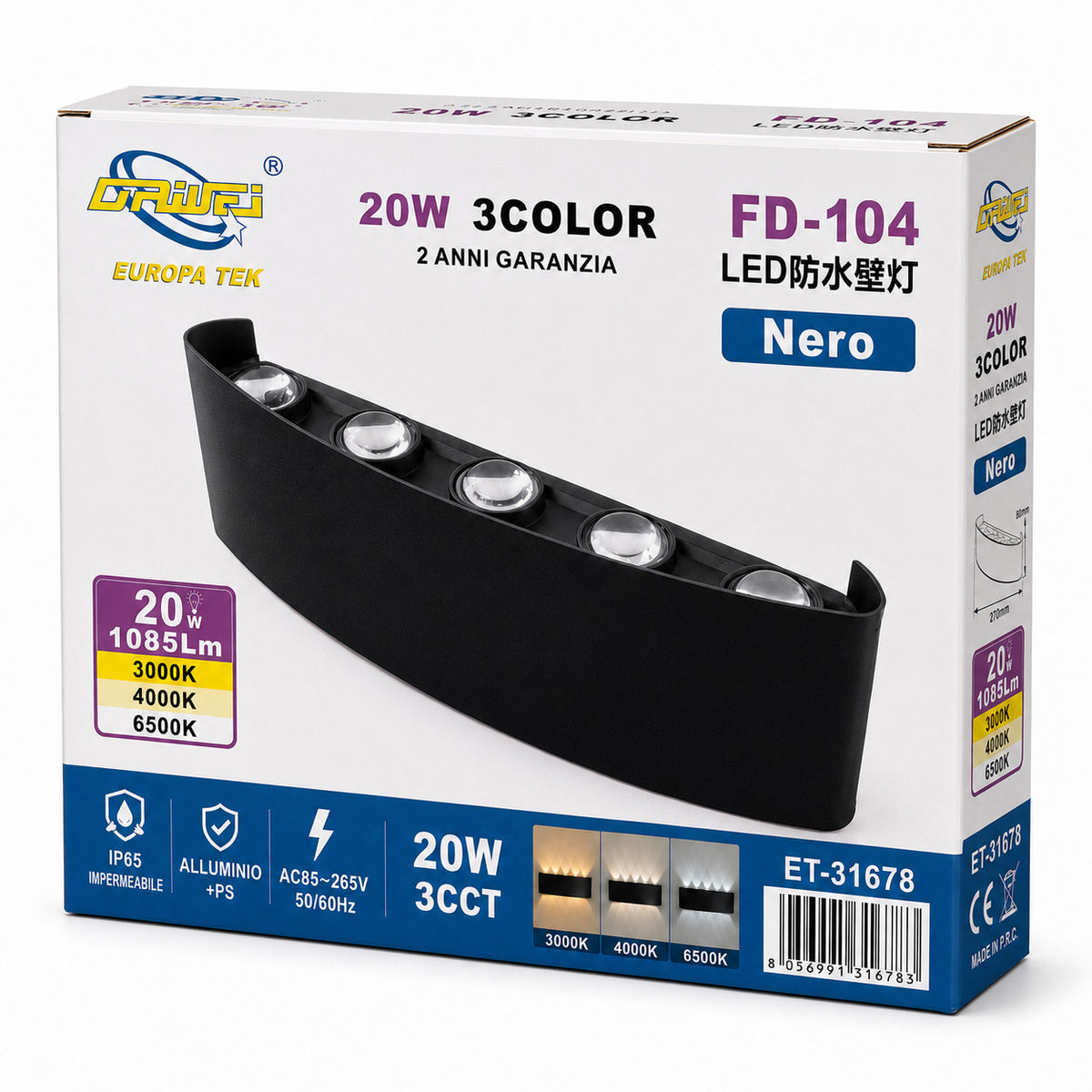 APPLIQUE LED 20W ESTERNO LAMPADA PARETE NERA IP65 3000K 4000K 6000K ET-31678