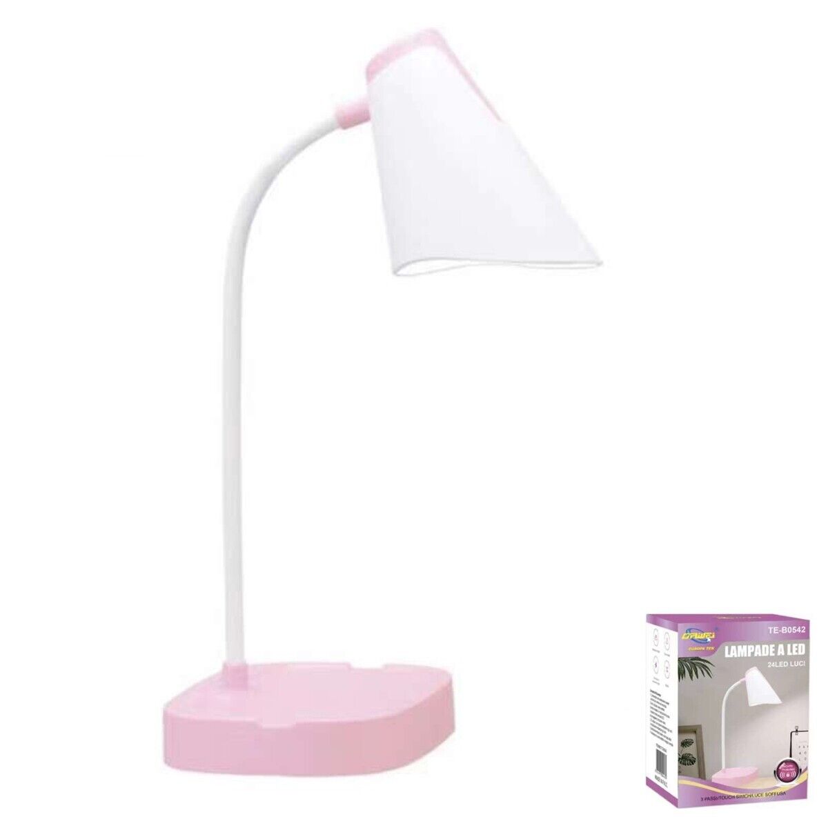 LAMPADA SCRIVANIA ROSA 24 LED RICARICABILE REGOLABILE COMANDI TOUCH TAVOLO B0542