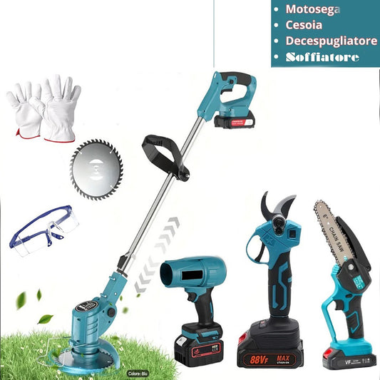 KIT JARDINAGE 4 EN 1 TRONÇONNEUSE CISEAU-TAILLE-HERBE SOUFFLEUR 2 BATTERIES 88V