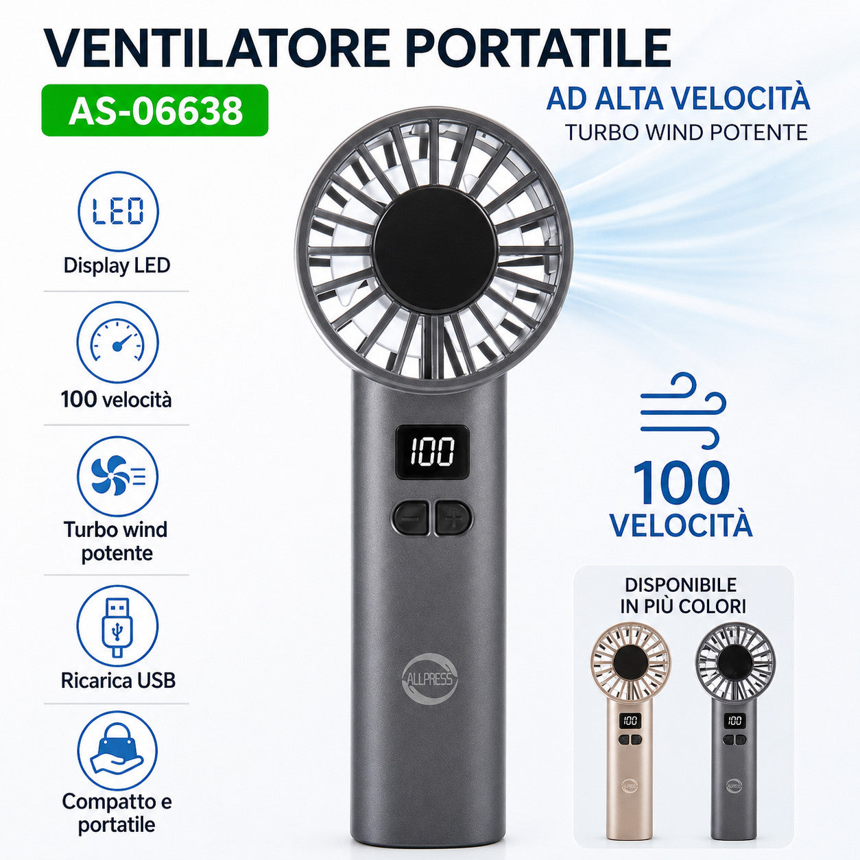 VENTILATEUR PORTABLE RECHARGEABLE USB AFFICHAGE LED MINI PUISSANT COMPACT AS-06638