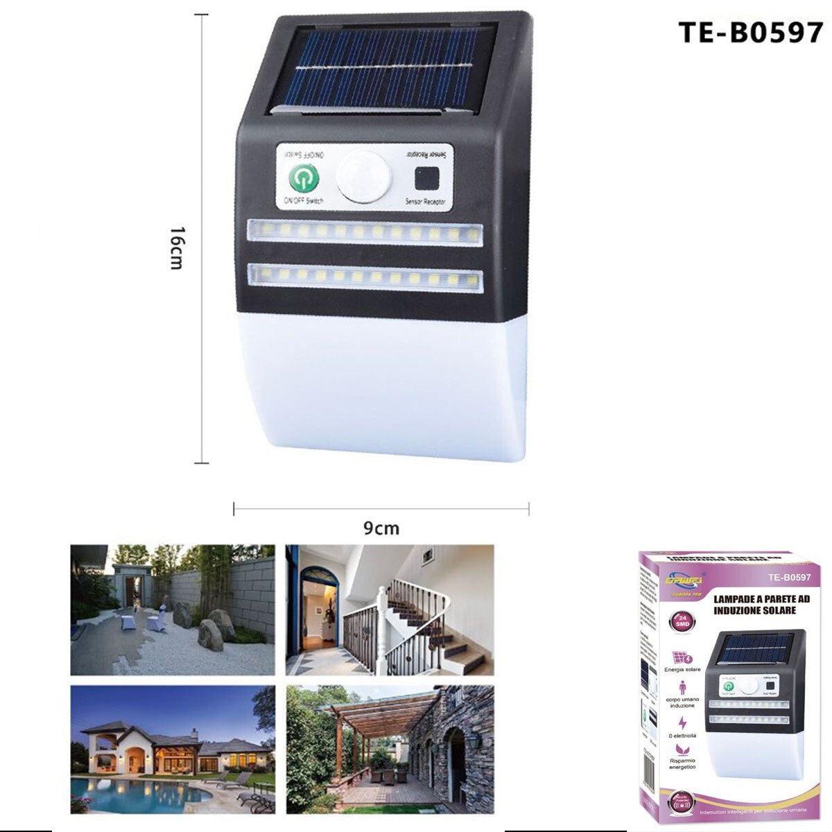 APPLIQUE DOPPIA STRISCIA LED MURO PARETE ESTERNO SOLARE SENSORE MOVIMENTO 0597