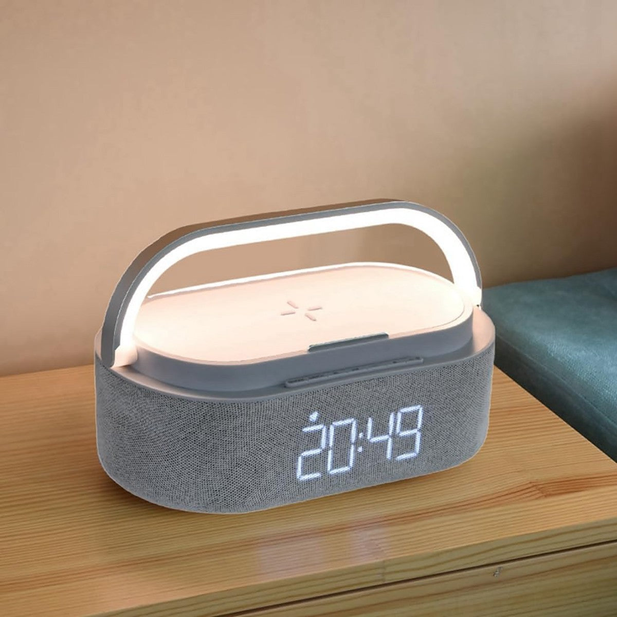 SPEAKER LAMPADA DA TAVOLO RICARICA WIRELESS PORTATILE LUCE RGB LED 15W OROLOGIO