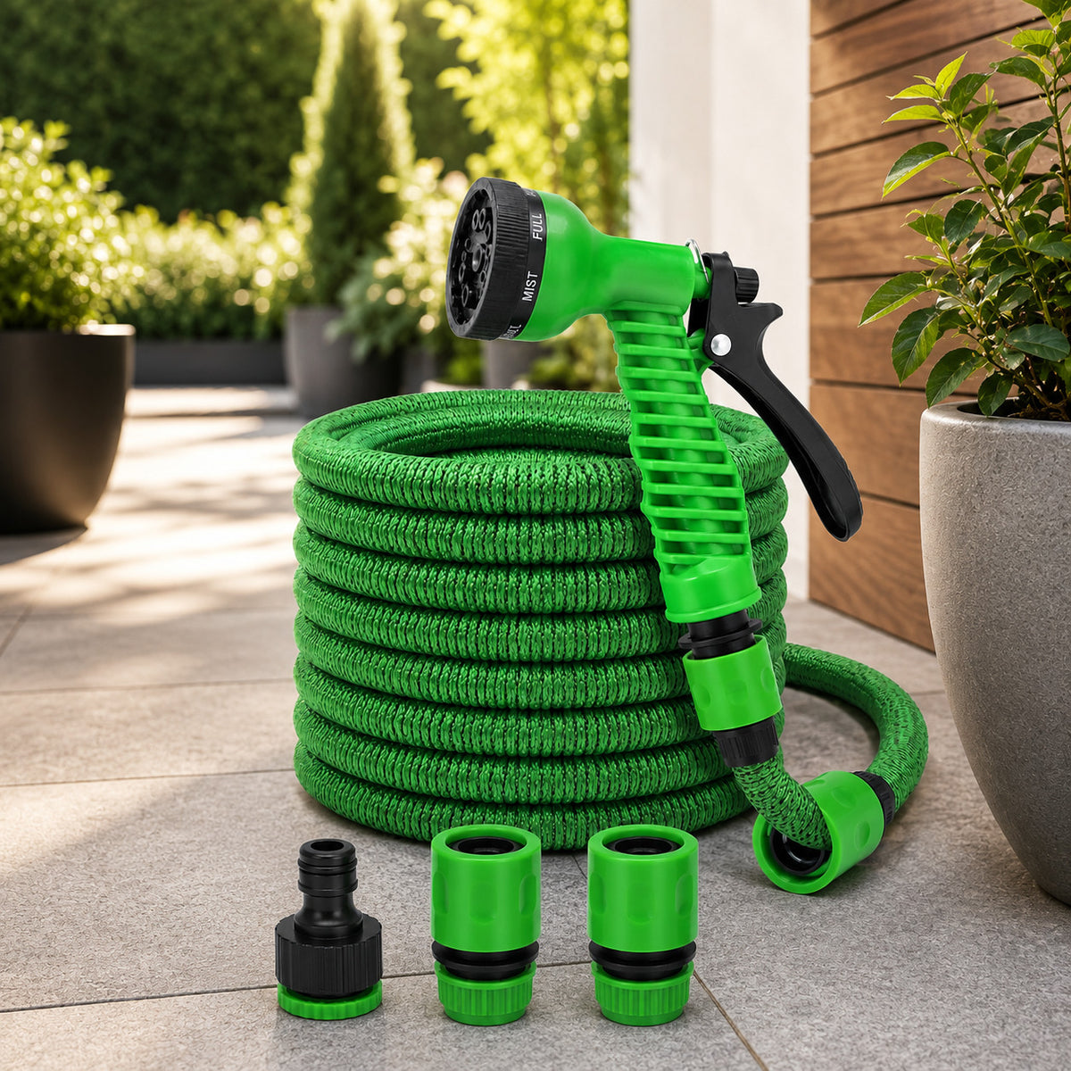 TUBO DA GIARDINO PIANTE FLESSIBILE ESTENSIBILE 15 METRI CON PISTOLA 7 FUNZIONI