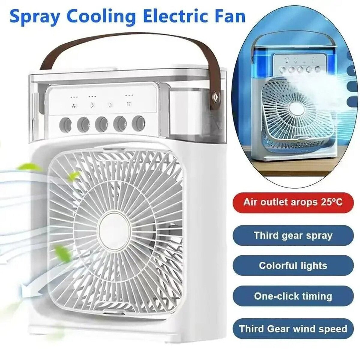 VENTILATORE PORTATILE PER USO DOMESTICO RAFFRESCATORE E UMIDIFICATORE LUCI 7 LED