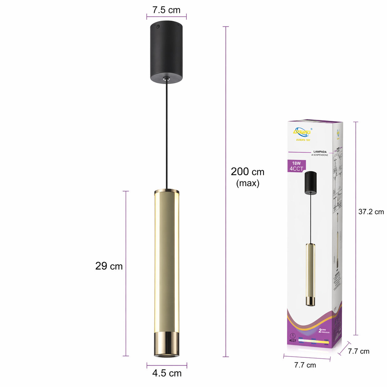 LAMPADA SOSPENSIONE LED 18W REGOLABILE 3 COLORI 3000K 4000K 6000K 1200LM LP001