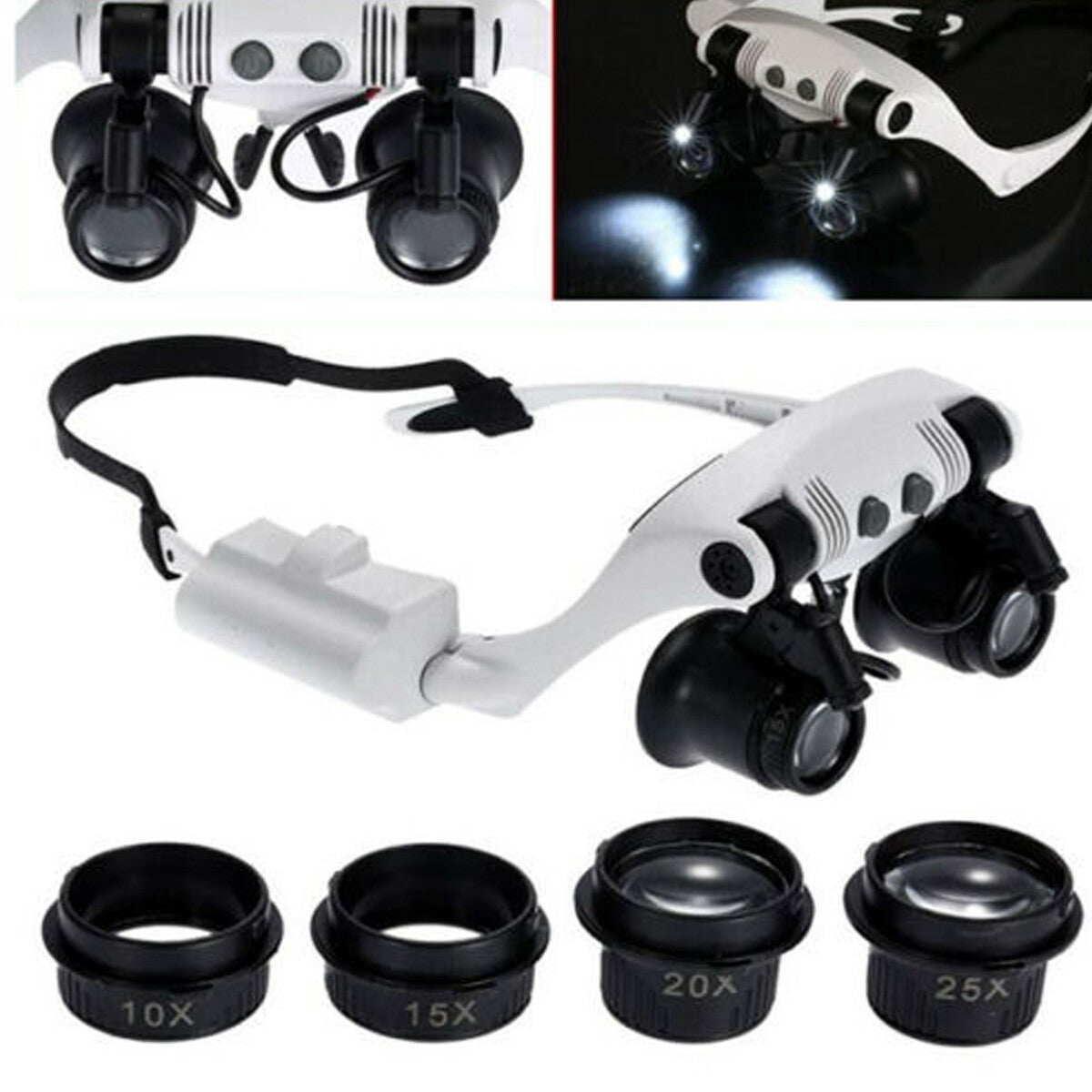 OCCHIALI CON LENTE D' INGRANDIMENTO 4 LENTI E LUCI LED LAVORO DI PRECISIONE 9892
