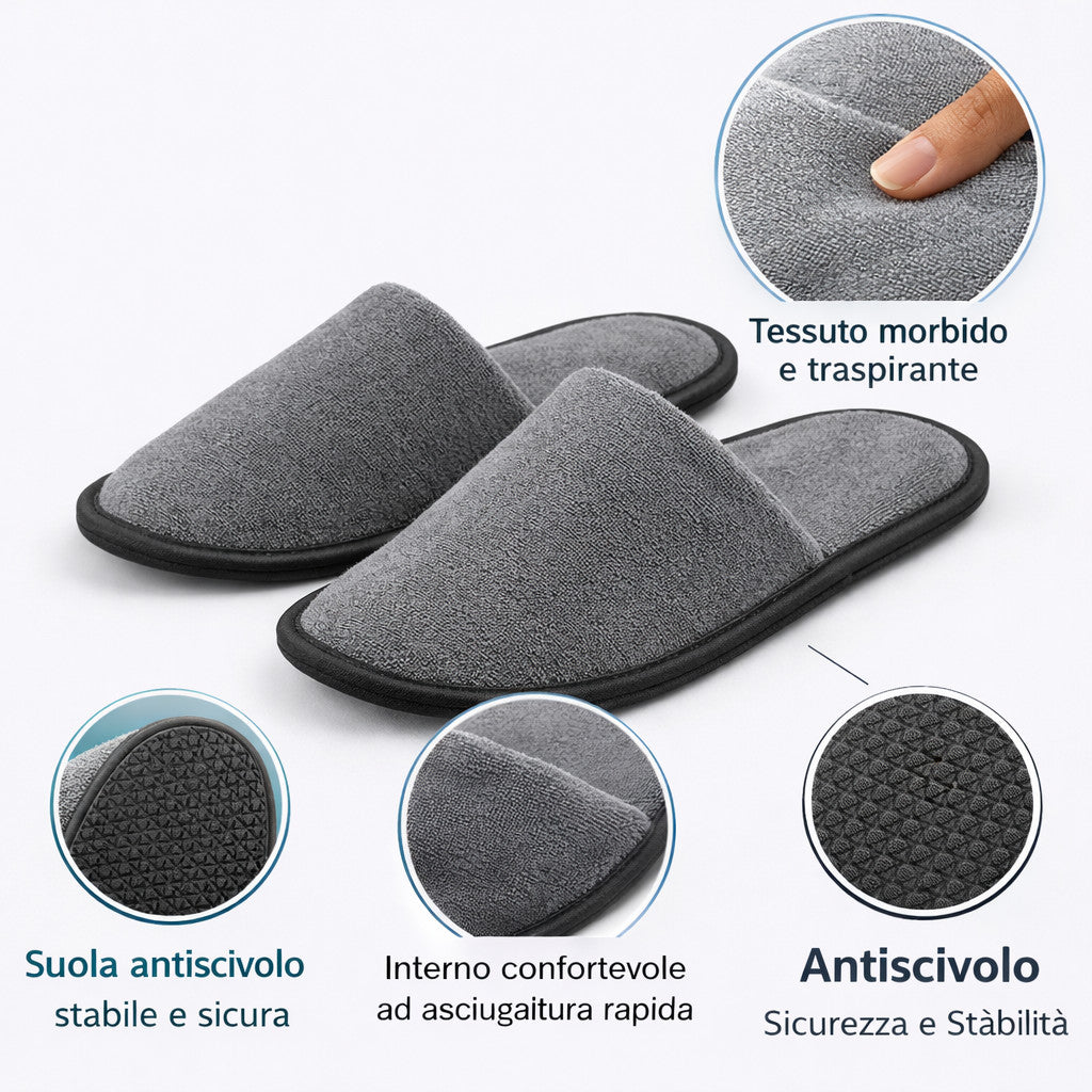 2 PAIA CIABATTE MONOUSO HOTEL SPA PANTOFOLE ANTISCIVOLO UNIVERSALI GRIGIO 90128
