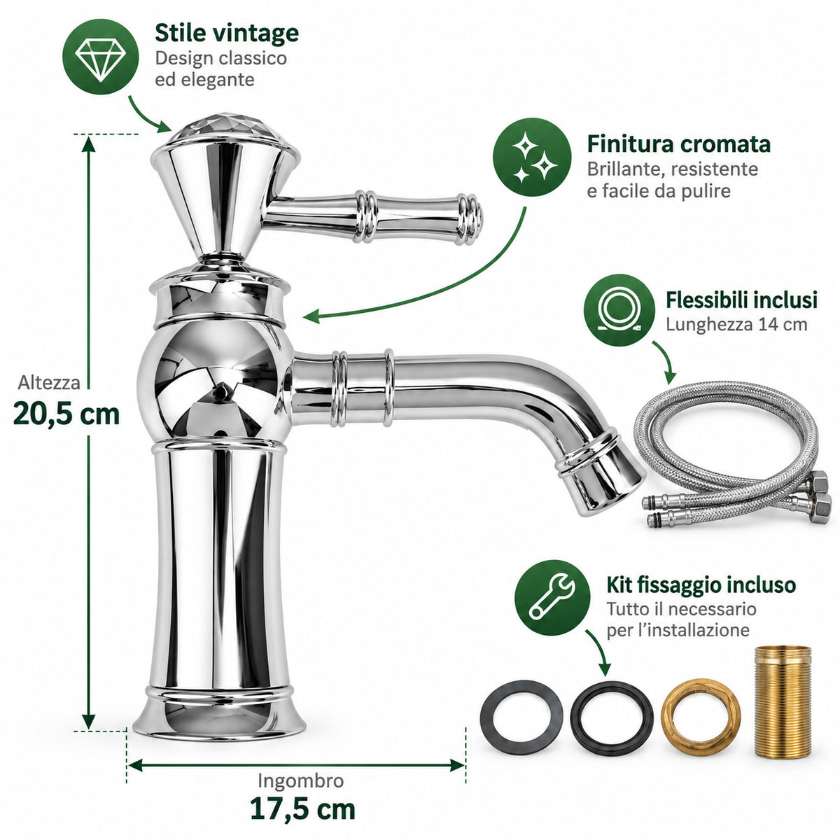 RUBINETTO BAGNO CASA STILE ANTICO DIAMANTE MISCELATORE LAVANDINO CROMATO 2303
