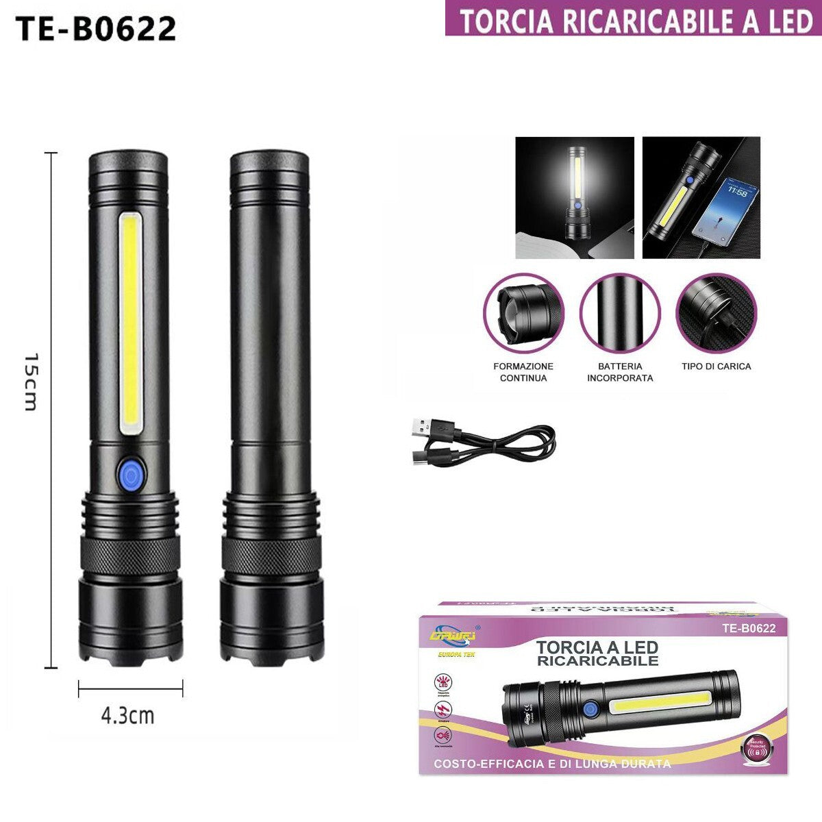 LAMPE TORCHE RECHARGEABLE LED LATÉRAL COB USB PUISSANTE BATTERIE PORTABLE TE-B0622