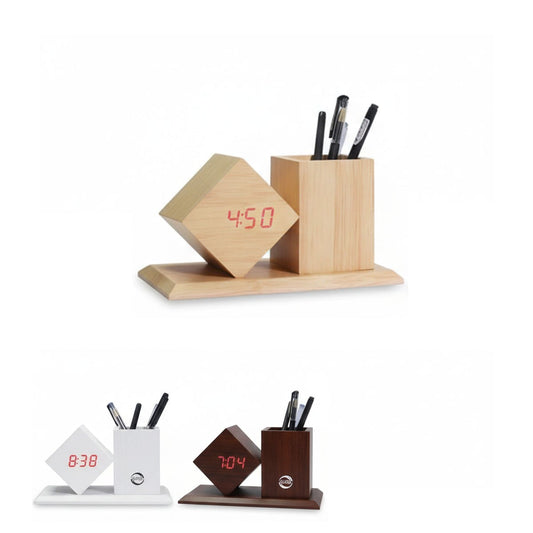 SVEGLIA DIGITALE MULTIFUNZIONE CON PORTAPENNE LEGNO LED TEMPERATURA USB 06725