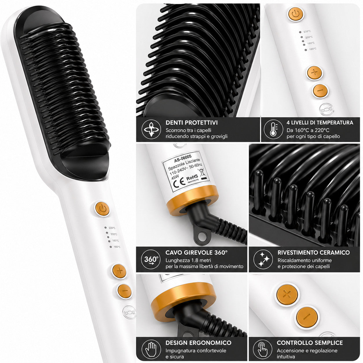 SPAZZOLA LISCIANTE ELETTRICA PER CAPELLI 45W PIASTRA SPAZZOLA STIRANTE AS-06005